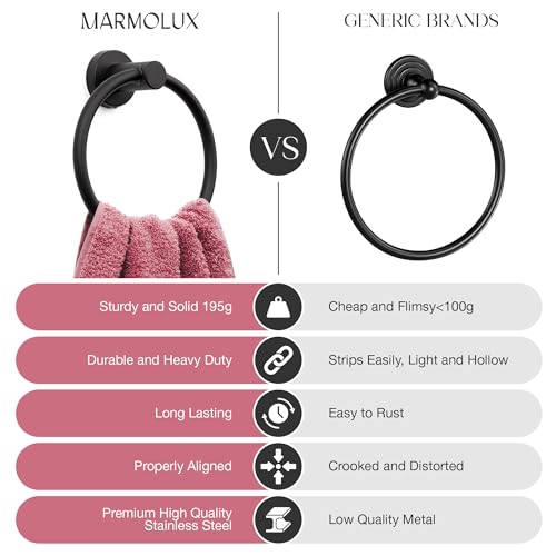 Image of MARMOLUX ACC Matte Black Towel Rings (2 Pack) - Modern Hand Towel Holders for Bathroom Wall - Round Stainless Steel Bathroom Towel Racks - Black Towel Hangers for Bathroom - Towel Holder Bathroom