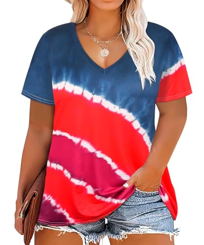 Image of RITERA Women Plus Size Tops Tie Dye V Neck Shirt Floral Camo Summer Short Sleeve Tunic Oversized Ladies Blouse XL-5XL