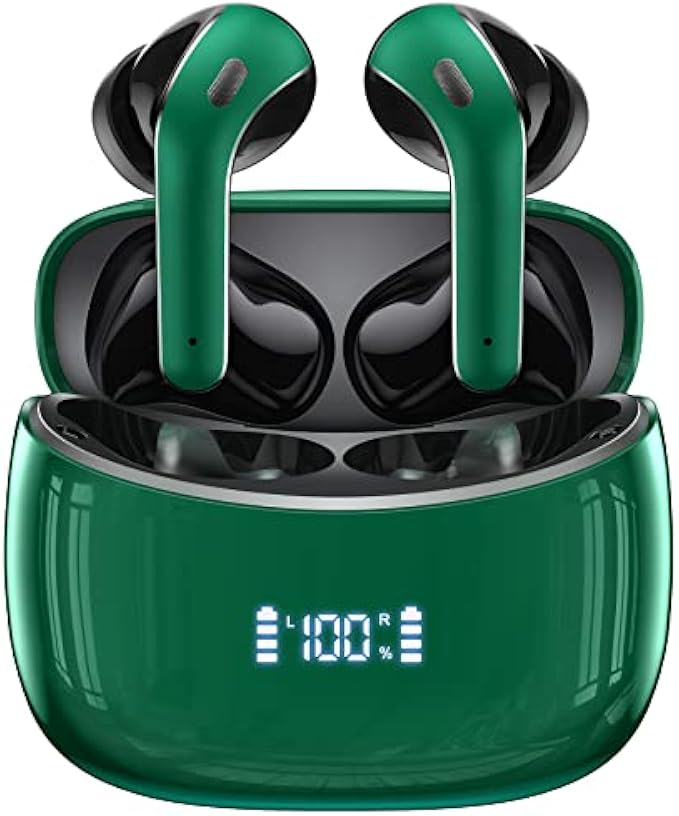 Wireless Earbuds Bluetooth Headphones 60H Playtime Ear Buds with LED Power Display Charging Case Earphones in-Ear Earbud with Microphone for Android Cell Phone Gaming Computer Laptop Sport Green