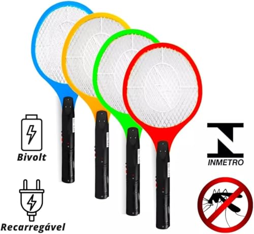 Raquete Elétrica Mata Mosquitos Recarregável, 4 Cores, com Suporte de Parede