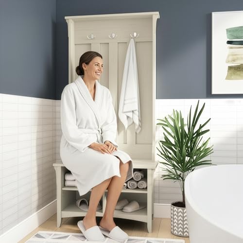 Image of Bush Home Salinas Hall Tree with Shoe Storage Bench in Antique White, Multi-Purpose Home Organizer, Entryway Solution with Seating and Hooks
