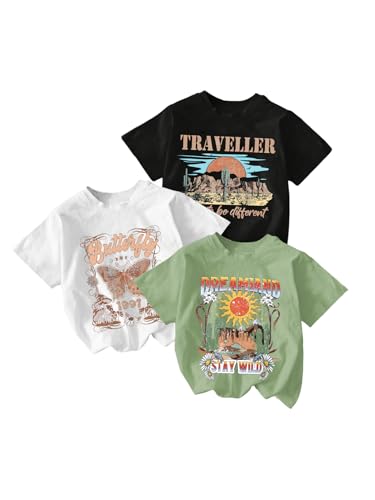 Image of RoseSeek Girl's Shirts 3 Packs Star Butterfly Graphic Tees Crew Neck Short Sleeve T Shirt Casual Tops