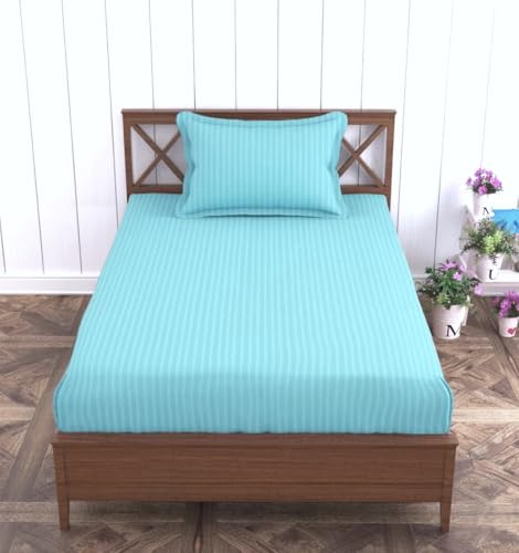 Image of Trance Home Linen 100% Cotton 78x36 inch Single Fitted 200TC Satin Stripe Elastic Fitted Bedsheet | Single Bed Size Daily use Fitted Bedspread with 1 Pillow Covers (78 inchx36 inch | 6.5x3 feet,Sea Blue)