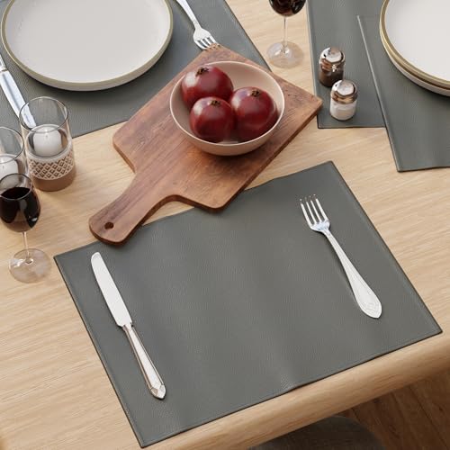 Image of Encasa XO Leather Dining Table Mats Set of 4 | Water Repellent & Heat Resistant Dining Table Mats | Washable & Easy to Clean Placemats for Kitchen Decor - 42x30 cm (Grey)