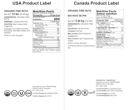 Food to Live - Organic Pine Nuts, 12 Pounds Non-GMO, Whole Raw Pignolias, Unsalted, No Shell, Vegan, Kosher, Bulk Snack. Rich in Vitamin E, Protein.
