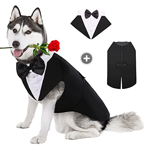AOFITEE Dog Tuxedo Formal Dog Suit and Bandana Set, Gentle Dog Wedding Party Suit Bow Tie Shirt Vest, Pet Tuxedo Costume Outfit with Detachable Bowtie Collar for Christmas Halloween Dress Up