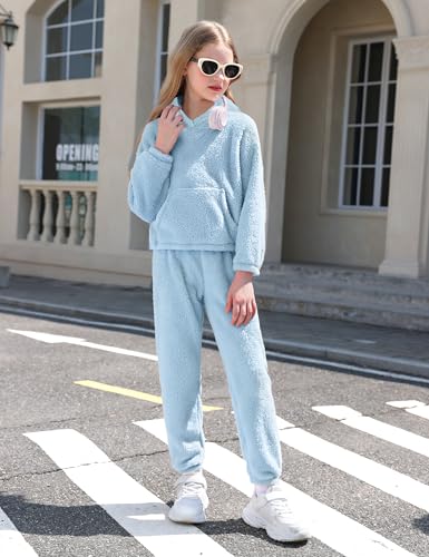Image of Shallmu Girls Fuzzy Bear Ear Plaid Hoodie Pullover Sweatshirt with Pocket Sweatpants Fall Winter 2 Piece Outfits