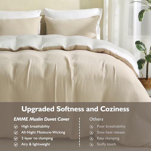 Image of EMME Cotton Muslin Duvet Cover Set King Size Linen Like Soft Breathable Lightweight Summer Comforter Cover Set with Zipper Closure (Light Tan&White, King, 104 inchx90 inch)