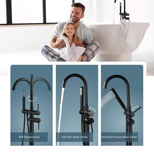 Image of BASSINO Luxury Freestanding Floor Mounted Bathtub Faucet with Hand Shower /6x8x45 Inches Premium Stand Alone Bath Tub Mixer Tap for Bathroom /Free Standing Tub Filler for Spa & Villa Bathrooms(Black)