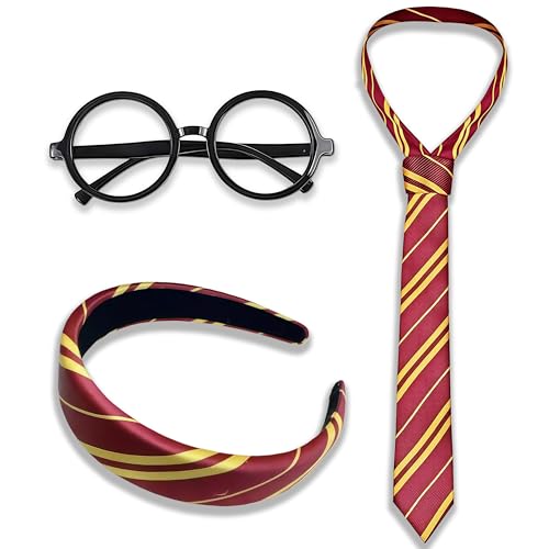 3pcs Halloween Wizard Costume Accessories Set for Women Burgundy Red and Yellow Stripe Headband and Tie Adult Party Cosplay