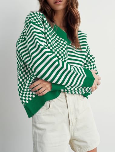 Image of UNCLECAT Womens Striped Checkered Sweater V Neck Fall Trendy Pullover Tops