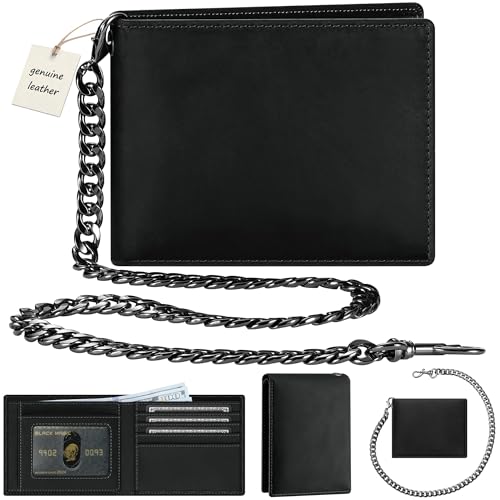 Image of Genuine Leather Wallet for Men with Chain: RFID Blocking Men's Wallet with Anti-Theft Chain - Biker Wallets with 2 ID Card Window Holds 12+ Cards - Minimalist Wallets for Motorcycle Riding Hiking