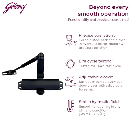 Image of Godrej Door Closer | Cerus Universal Door Closer I Matte Black Finish | Max Door Weight: 85kg | Max Door Width: 1250mm | 180 Opening Angle | Adjustable Closing Speed| 3 Years Warranty