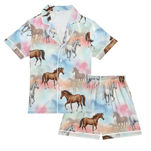 Satin Pajama Sets Short Sleeve Horses Running on Colorful Button Down Silky Nightwear 2 Piece PJS 5-14Y