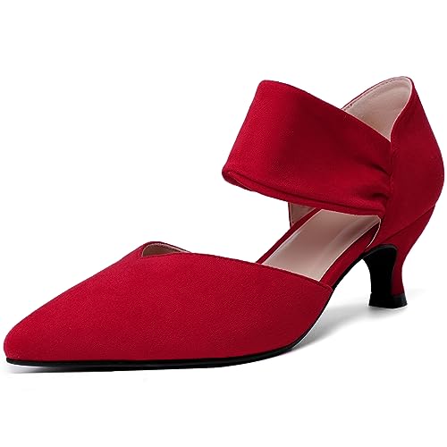 Image of RIBONGZ Kitten Heels for Women Closed Toe Comfortable Low Heels Pointed Toe Sexy Slip on Pumps Bridal Party Dressy Shoes