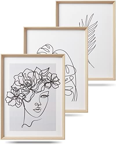 iHery Framed Line Art Decor Prints for Bathroom ( Truly Excellent MDF Framed ),16x12in Wood Prints Flower Monstera Eucalyptus Leaf Artworks, Modern Minimalist Art Women Aesthetic Decor,Poster for Bedroom Set of 3