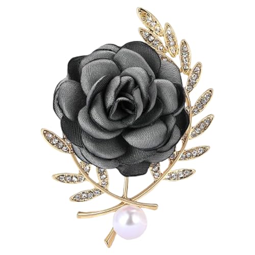Image of Rose Brooch for Women,Dainty Satin Fabric Flower Lapel Pins Vintage Elegant Pearl Brooches Handmade Crystal Pearl Pins Silk Camellia Safety Collar Pin Dress Suit Accessories Wedding Bridal Bouquet Jewelry (Gray1)