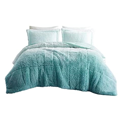 Intelligent Design Brielle, Long Shaggy Faux Fur Comforter Set, Plush Reverse, Trendy Ombre Design, Modern, Cozy All Season Bedding, Matching Sham, Full/Queen(90"x90") Aqua 3 Piece Cover