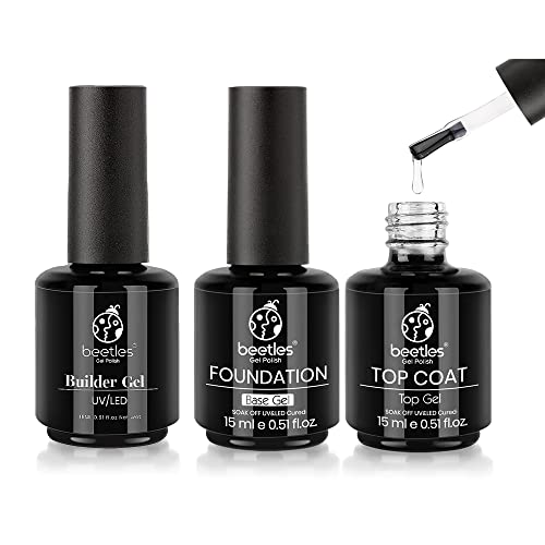 Beetles 2 Pcs 15ml No Wipe Gel Top Coat and Base Coat Set with 5 in 1 Builder Nail Gel Strengthener Gel Clear - Shine Finish and Long Lasting, Soak Off LED Gel Base Top Coat Glossy Shine Finish