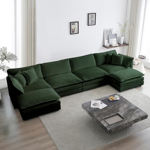 KIVENJAJA Oversized U-Shaped Modular Sectional Sofa, Modern Chenille 4-Seater Deep Seat Cloud Couch with 2 Ottomans/Chaises & 6 Pillows for Living Room Office, 146.5â€W, Green