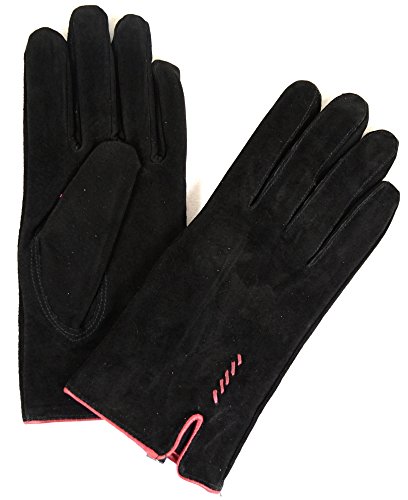 Ladies Suede Gloves with Fleece Lining and Stitch Design - Black - Medium (7