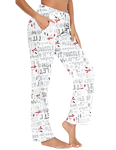 ENJOYNIGHT Pantalon de pyjama long en coton pour femme avec poches et cordon de serrage, Neige., L Cover