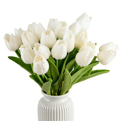 HoveBeaty Artificial Tulips Bridal Wedding Festival Decor Bouquet Real Touch PU Flower Bouquet Pack of 20 (White)