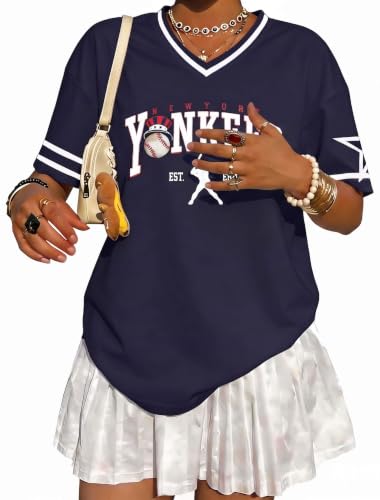 Baseball Jersey Women Baseball Mom Shirt Funny Baseball Team Graphic Shirts Casual Game Day Fan Short Sleeve Tee Tops Darkblue