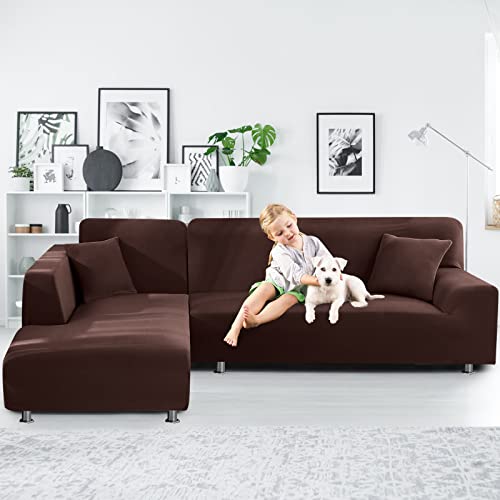 La Meack Super Stretch Sofa Covers For Sectional Sofa Set, L Shape Washable Couch Covers , 2Pcs Slipcovers Protector With 2Pcs Pillowcases For Dog Cat Pets Kids (3 Seat Sofa + 3 Seat Chaise, Coffee) #TOP1