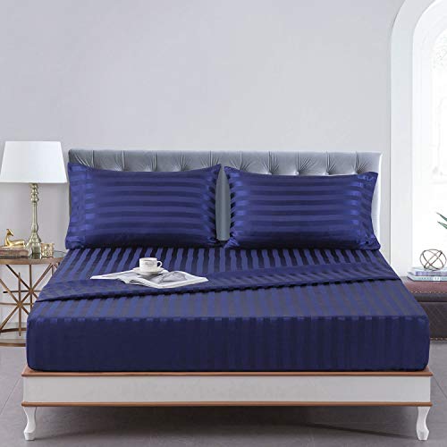 Image of Satin-Silk Sheets King Size Bed Set, Navy Blue Soft Cooling Deep Pocket King Sheets, Hypoallergenic, Wrinkle and Fade Resistant Bedding Set, 3 Piece, Striped