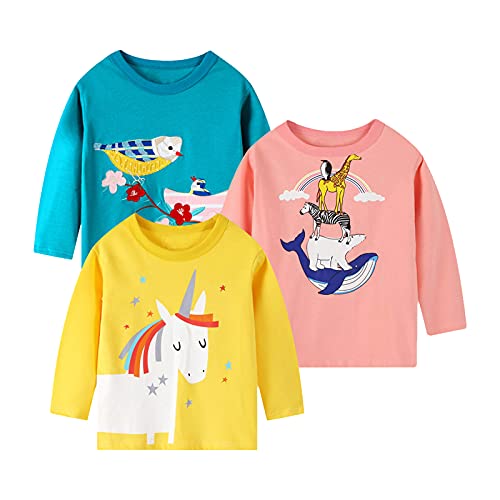 Camiseta de manga larga para niñas, camiseta de algodón, casual, con gráficos cálidos, unicornio, camisetas de dibujos animados, juego de 3 paquetes, G3packs-3#8010yunicorn, 5 años Cover
