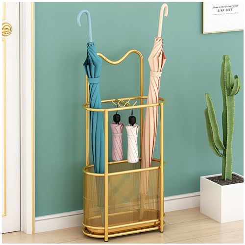 SINBINTA Metal Umbrella Stand,Free Standing Holder Rack with Hooks and Drip Tray,Walking Stick Holder Organizer for Hallway Entryway (Gold)