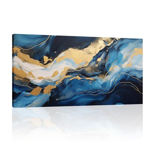 Oeuvre abstraite bleu marine et or 40x80cm, tableau sur toile encadré pour salon moderne