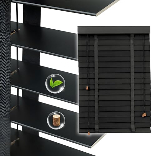 2" Slats Black Wood Blinds for Indoor Windows, Custom Wood Window Blinds, Wooden Venetian Horizontal Blinds & Shades for Indoor Windows, Office, Living Room, Bedroom