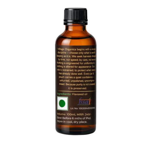 Image of Village-Organica Cold Pressed Flax Seeds Oil | Single Pressed | Pure & Natural | For Healthy Hair & Skin Flaxseed Oil | Alsi Ka Tel | Glass Bottle (100ml)