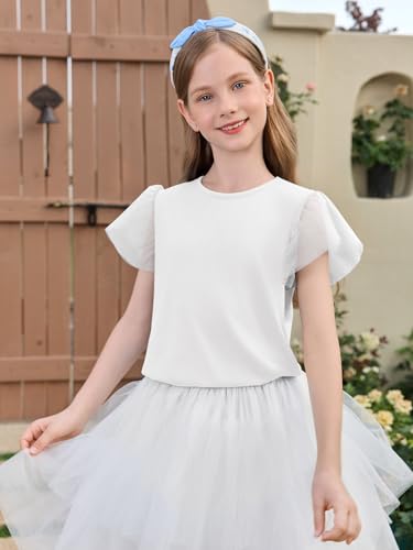 Haloumoning Girls Mesh Ruffle Sleeve Shirts Kids Cute Crewneck Tops Casual Summer Blouse 5-14 Years2