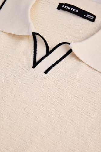 Image of SNITCH Men Polo T-Shirt | Textured Knit V-Neck with Tipping, Pullover Half Sleeve | 100% Cotton Breathable Luxe Knit Resort Wear Casual Top