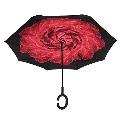 Preisvergleich Produktbild Wovemster Reverse Umkehrbarer Regenschirm, Innovative Schirme Double Layer UV Schutz Winddicht Regenschirm Inverted Stockschirme Mit C Griff für Reisen und Auto Outdoor (Rote Rose)