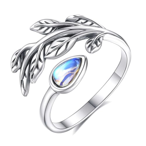 AEONSLOVE Bague Feuille Reglable pour Femme Bague Pierre de Lune Ouverte Argent 925 Bagues de Pouce Fille Argent Anneau Réglable Ajustable