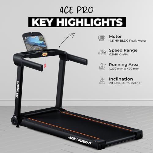 Image of Durafit91 Ace Pro 4.5 HP Peak BLDC Motorized Treadmill | 20 Level Auto Incline| 16 Km /Hr Max Speed | 120 Kg Max User Weight | Home use Black