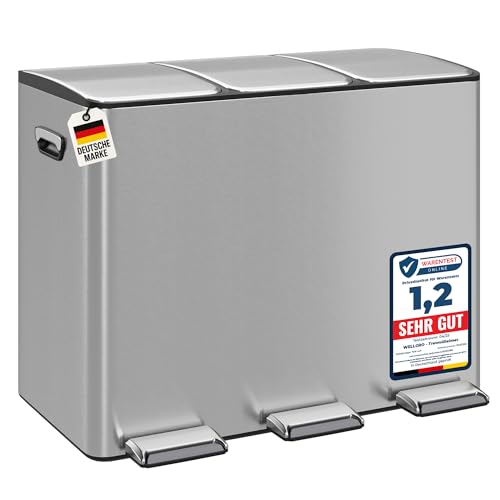 WELLGRO Treteimer, Mülleimer, Edelstahl Tretmülleimer mit 3 x 15 Liter, klappbaren Fußpedalen, Absenkautomatik und praktischen Tragegriffen, Farbe:Silber