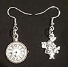 ANTIQUE SILVER ALICE IN WONDERLAND, THE LATE WHITE RABBIT EARRINGS & POCKET WATCH ON STERLING SILVER HOOKS #1