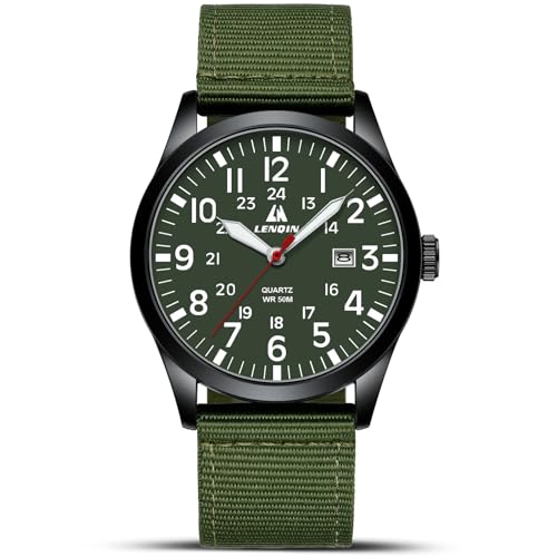 LN LENQIN Herren-Armbanduhr, Militäruhr, analog, Quarzuhr, wasserdicht, mit Datum, Nylonband, Armee, taktische Sportuhr, 09- Grün, Schwarz, Grün, Rot