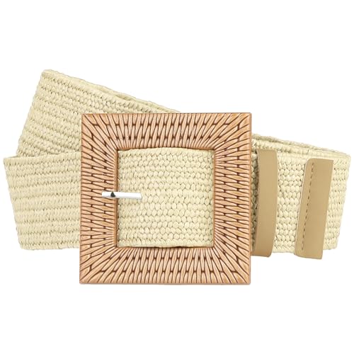 Ladies Woven Wide Stretch Belts, Straw Rattan Square Wooden Buckle Elastic Waist Belt Waistband for Dress