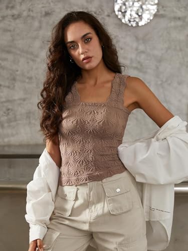 Women's Square Neck Seamless Wide Strap Crop Tank Tops,Slim Fit Flower Lettuce Trim Crop Cami Tops, Love Letter Cami2