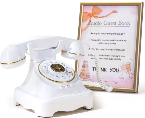 Image of RetroVox Audio Guest Book Wedding Phone Guestbook and Signage Guest Audio Message Book, Vintage Style for Wedding Reception, Bridal Shower, Baby Shower(White & Sign Holder G)