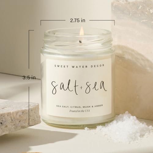 Image of Sweet Water Decor Salt & Sea Candle, Costal Decor Beach & Summer Scent, 9oz | Sea Salt, Citrus, Amber & Musk Scented Soy Wax Candle, Gold Lid, 40+ Hour Burn Time, Poured in USA, Home & Bathroom Decor