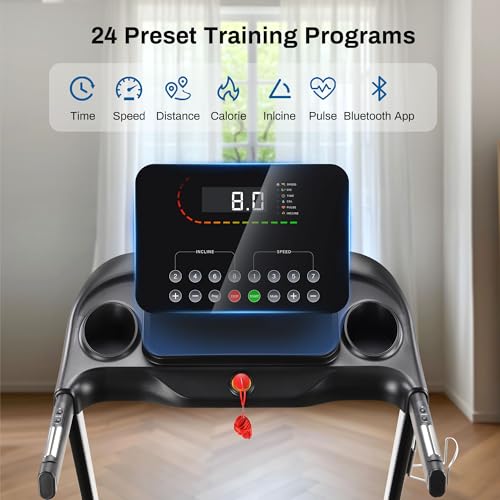Image of Treadmill with 15% Auto Incline, Folding Running Machine 3.0HP, 300 lbs Capacity, 24 Programs, Shock Absorption, Bluetooth App, 8 MPH Treadmills for Home