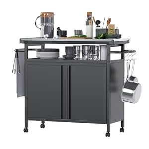 Outdoor Grill Cart with Storage on Wheels – 32 “H Outdoor Grill Table,Stainless Steel Top,Black (Hooks Not Included)