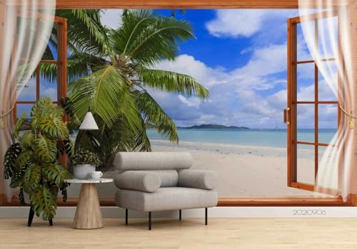 Papel Tapiz Murales Ventana con paisaje de playa, 150 x 105 cm Mural de Pared Papel Tapiz Fotográfico para Tapiz Arte de Pared para Sala de Estar Dormitorio